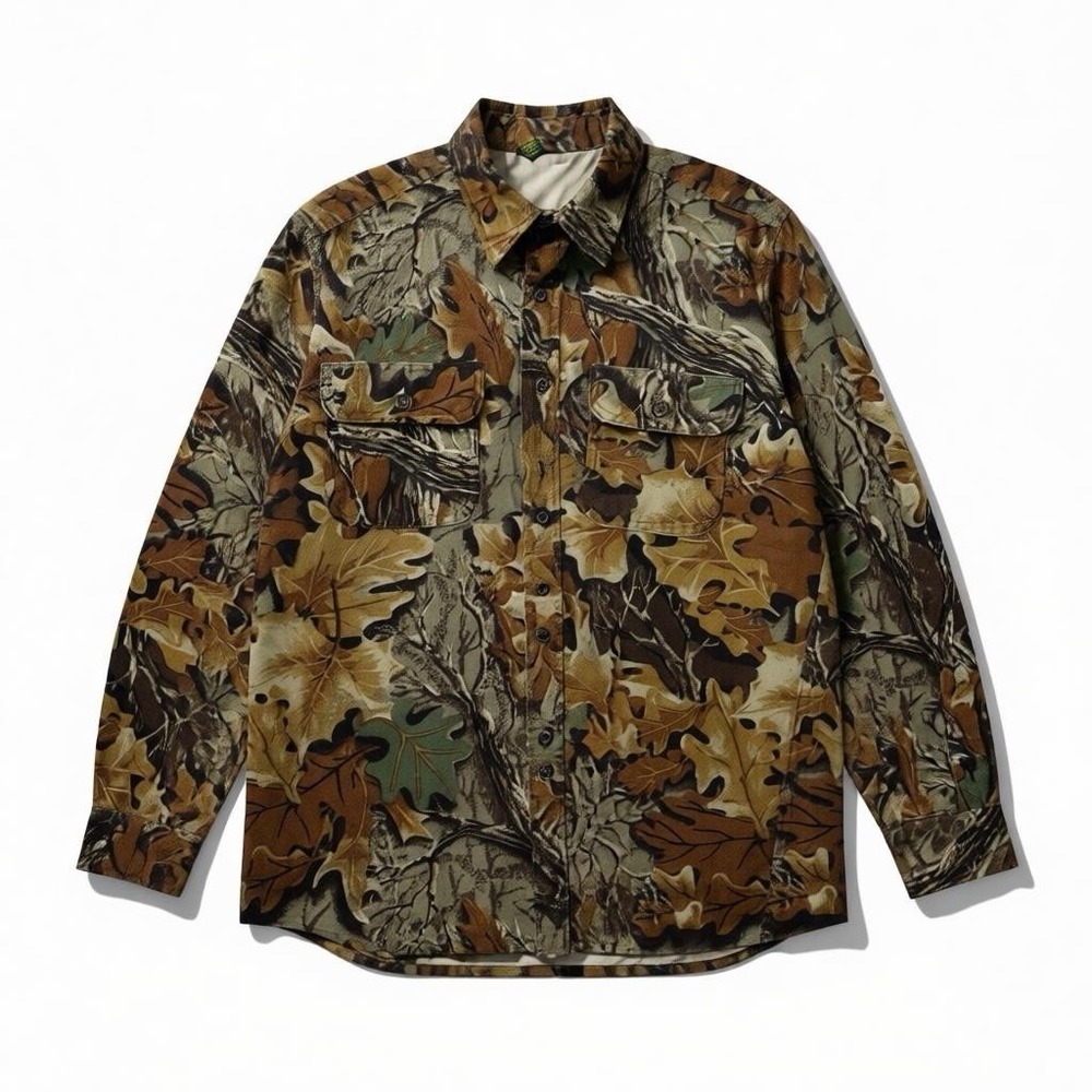 VTG Cabela's USA Made Men's L Mossy Oak Camo Long Sleeve Button Up Hunting Shirt